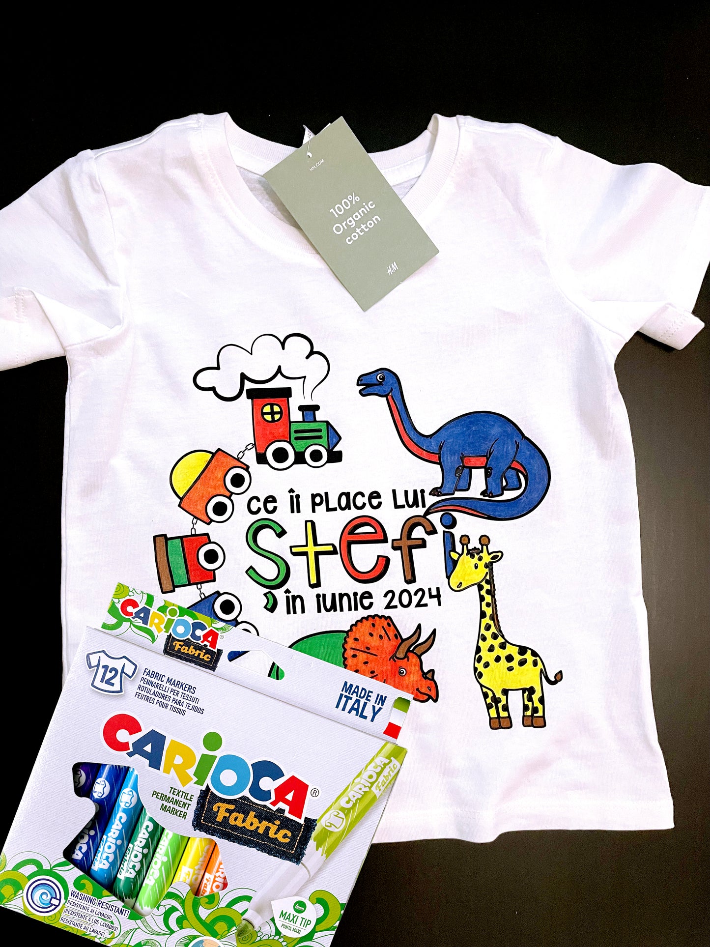 Tricou Personalizat din Bumbac Copii + Set 12 Markere Textile Carioca